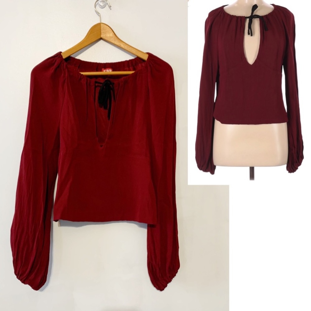 SALE FIRM 🔥 STAUD Astoria Keyhole Tie Plunge Neck Crepe Blouse Balloon Sleeves